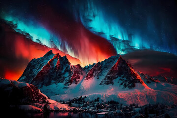 Mountain landscape with beautiful aurora borealis. Generative ai design.