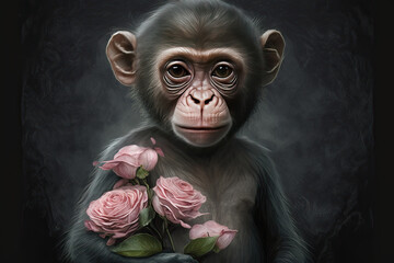 Portrait of a cute baby female monkey with pink roses. Tender image. Dark background. Generative AI