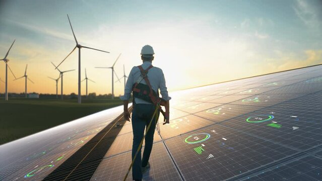 Professional Male Sustainable Energy Engineer Walking On Industrial Solar Panel, Wearing Safety Equipment. Man Inspecting Green Energy Farm With Wind Turbines. VFX Infographics Animation Shows Data.