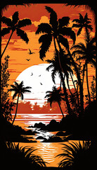 Silhouette palm tree on beach under sunset sky background. Orange color. Generative AI