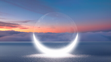 Abstract background of with crescent moon over the sea at sunset - obrazy, fototapety, plakaty
