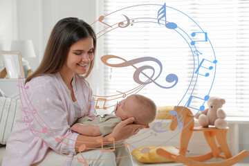 Mother singing lullaby to her baby in children room. Music notes illustrations flying around woman...