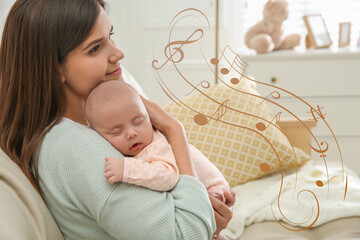 Mother singing lullaby to her baby at home. Music notes illustrations flying near woman and child - obrazy, fototapety, plakaty