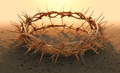Fototapeta premium Crown of Thorns worn by Jesus Christ, in desert sand with warm sunset light, shallow depth of field. Easter concept. Generative Ai-