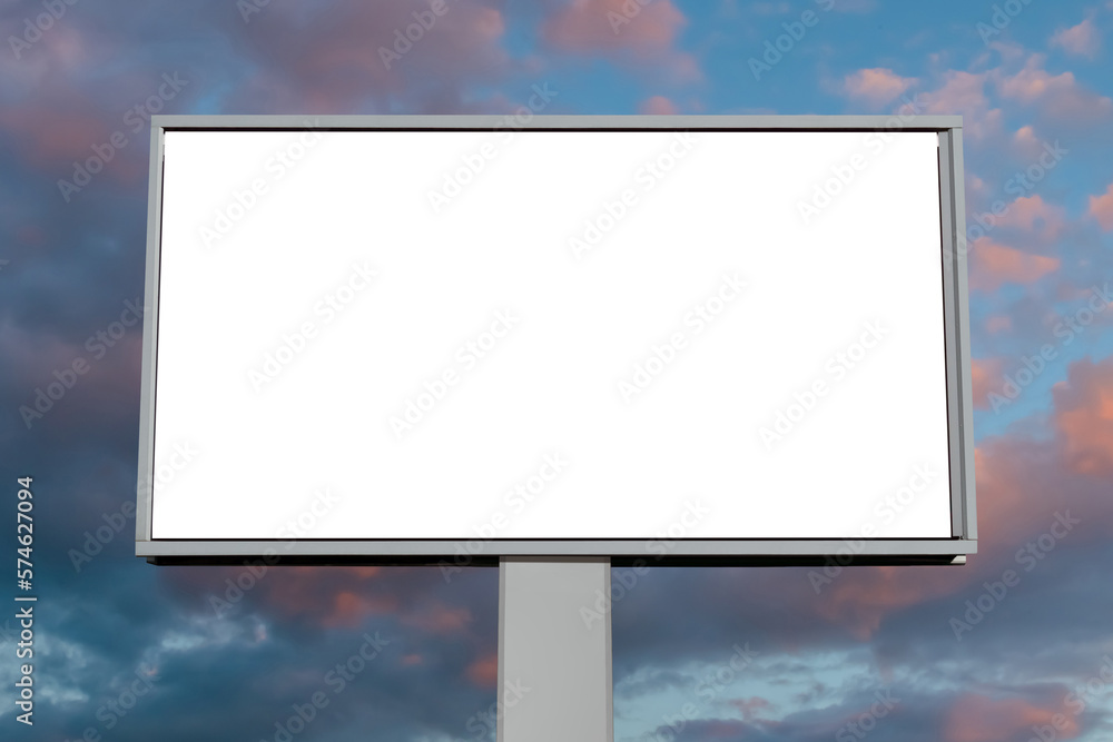 Canvas Prints mock up - blank horizontal white billboard against warm sunset sky with clouds - front view. consume