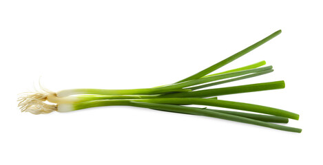 Fresh green spring onions on white background