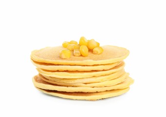 Stack of tasty corn pancakes with sweet kernels isolated on white