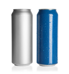 Aluminum cans with drinks on white background