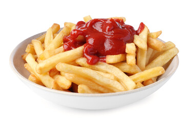 Bowl of tasty french fries with ketchup isolated on white