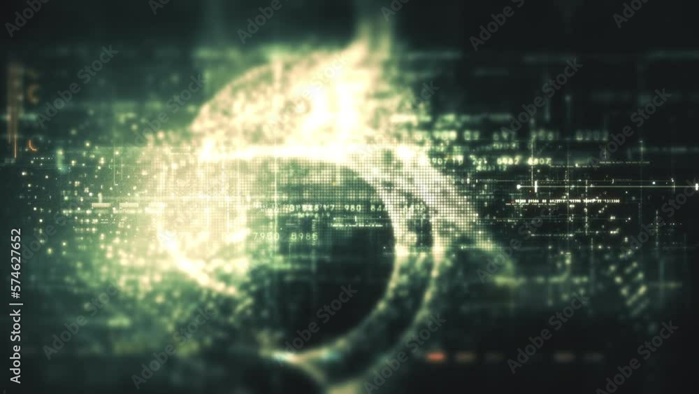 Aufkleber Futuristic abstract de-focus data matrix, meta, metaverse, telemetry and encrypt numbers display with particles simulation in cyber space environment for head up display background