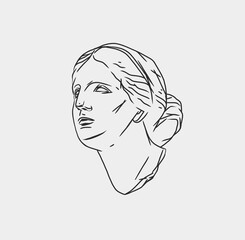Hand drawn vector abstract outline,graphic,line art greek ancient sculpture statue line art modern drawing.Antique classic statues in trendy bohemian style,outline design concept.Antique statue logo.