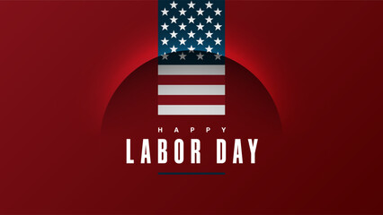 Labor Day USA red background. American national holiday with a US flag and line arc shape banner. Vector minimal solid red poster clear design