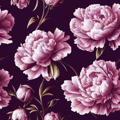 Seamless pattern with pink peonies, Composition pattern peony flowers with branches and leaves on a dark background. Holiday, wedding, Valentine's Day, birthday AI generated 