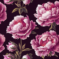 Seamless pattern with pink peonies, Composition pattern peony flowers with branches and leaves on a dark background. Holiday, wedding, Valentine's Day, birthday AI generated 