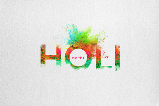 Colorful explosion for Holi festival poster banner creative. Colorful gulal pichkari and text happy Holi