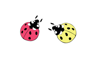 Two red and yellow ladybugs in flat doodle style. Cute insects. Top view. Vector bright cliparts, simple illustration on theme of nature, garden, kids design