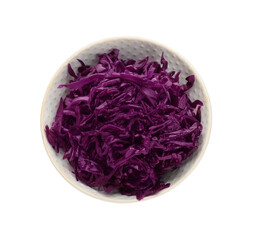 Bowl with tasty red cabbage sauerkraut isolated on white, top view