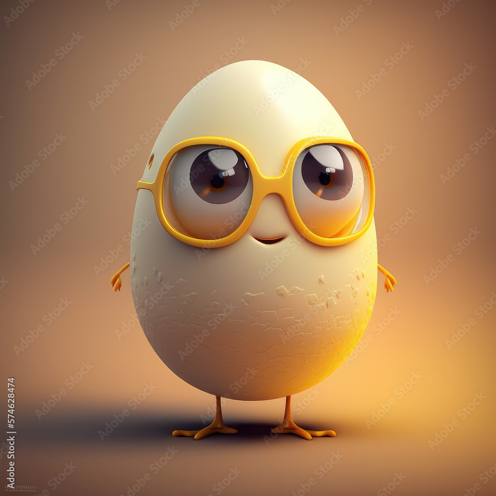 Wall mural cute egg in glasses with shell 3d character. cartoon egg with big eyes. 3d render illustration. gene