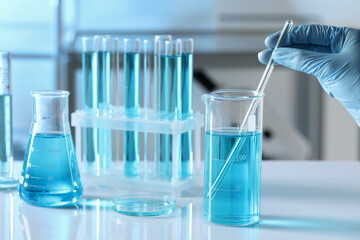 Scientist taking sample of light blue liquid in laboratory, closeup