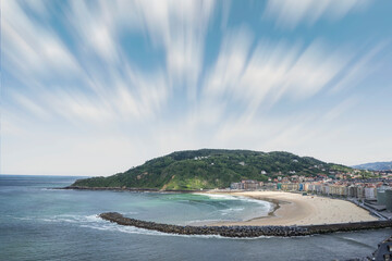 Aerial view of a beach with fine sand and brown on the beaches of Donostia. Basque Country. 