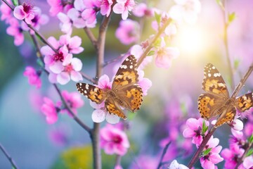 Spring fresh flowers with colored butterfly