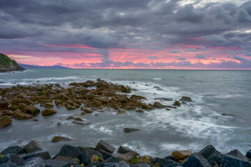 Incredible sunset in Zumaia with the water in long exposure. Basque Country. Spain. 