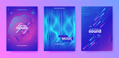 Dance Posters Set. Electronic Sound Flyer. Techno Music Cover. Vector 3d Background. Abstract Dance Poster. Geometric Festival Illustration. Gradient Wave Line. Futuristic Abstract Dance Poster. - 574629237