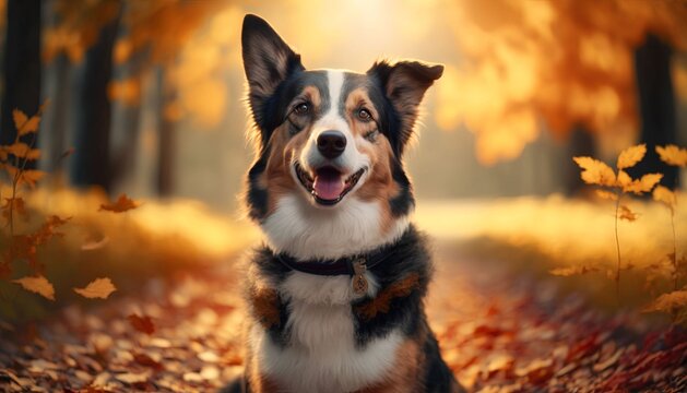 A dog with disability smiling to the camera under pine trees in autumn, Generative AI