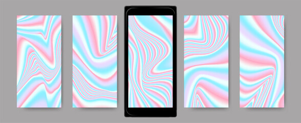 Colorful Holographic Wallpaper. Abstract Gradient Templates for Mobile. Bright Wave Textures. Hologram Backgrounds. Vector Fluid Screensaver. Neon Vibrant Liquids. Mesh Holography Set.