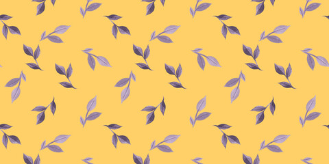 Obraz na płótnie Canvas Abstract violet leaves and pink circles dots seamless watercolor pattern on yellow background