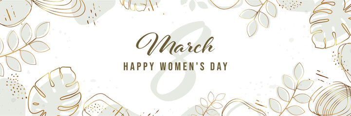 International Women's Day. Greeting card with abstract golden art backgrounds and botanical palm leaves. 