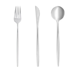 Shiny silver cutlery set on white background, top view