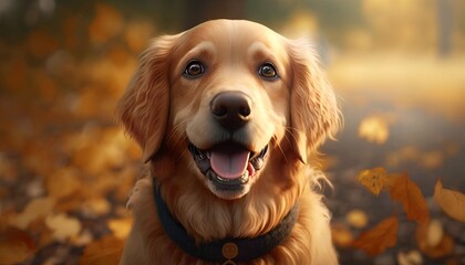 A dog with disability smiling to the camera under pine trees in autumn, Generative AI