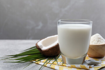 Glass of delicious coconut milk, flakes, palm leaf and coconut on light grey table, space for text
