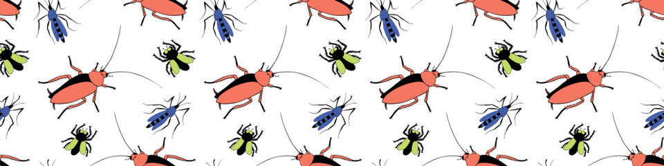 Vector seamless pattern of insect pests - oriental cockroaches, flies, mosquitoes. Bright background and pest control texture. - obrazy, fototapety, plakaty