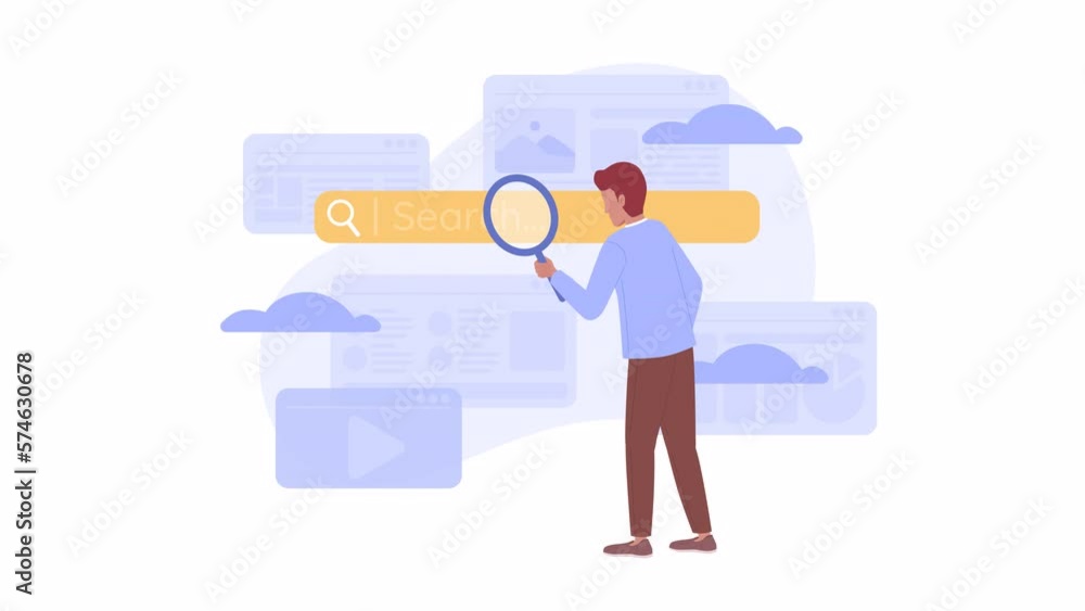 Poster animated search engine. internet user. looking for information online. 2d cartoon flat character 4k 