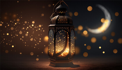 Ramadan Lantern with Light Glowing at Night, Generative ai