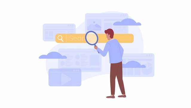 Animated search engine. Internet user. Looking for information online. 2D cartoon flat character 4K video footage on white with alpha channel transparency. Concept animation for web design