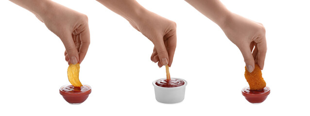Women dipping different snacks into ketchup on white background, closeup. Collage design