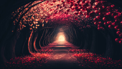 The romantic tunnel of pink flower trees dark