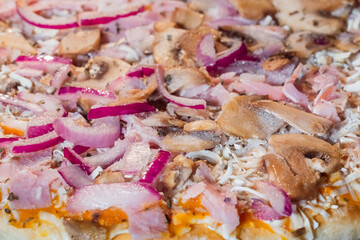 Uncooked pizza with onion, mushroom, cheese, sauce in electric oven - close up view. Italian cuisine, homemade bakery, fast food, cooking, semi-finished products and raw concept