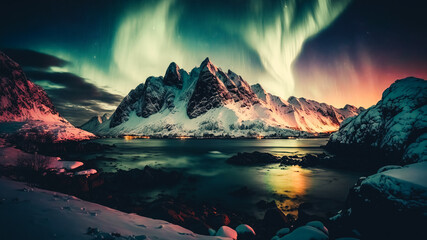 Fototapeta na wymiar Aurora borealis. Green northern lights above mountains