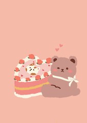 Cute brown teddy with a cake