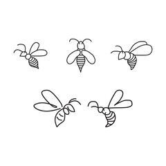 Honeybee line art clipart set. Linear collection of doodle bees. Vector illustration isolated on white background. Simple hand drawn beekeeping design elements.