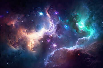 Fototapeta na wymiar Abstract outer space endless nebula galaxy background, generative AI