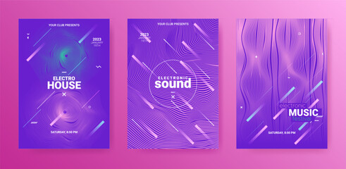 Psychedelic Abstract Dj Flyer. Electro Sound Cover. Techno Dance Poster. Vector Edm Background. 3d Dj Flyer. Geometric Festiv Illustration. Gradient Wave Round. Minimal Abstract Dj Flyer Set.