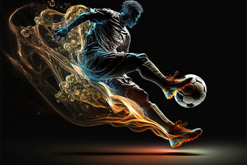 Dynamic Action of a Skilled soccer Player. Abstract and colorful background in florescent style of a man playing soccer. Ai generated art. - 574632457