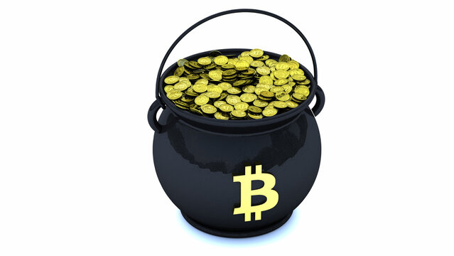 Pot of gold bitcoin for St. Patrick's Day, 3d illustration