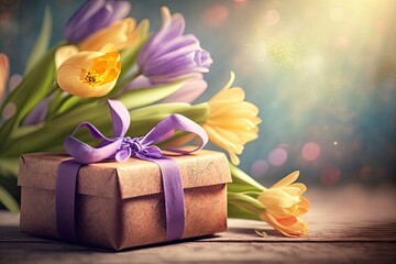 box with gift and hanging tulip flowers for women's day. generative ai