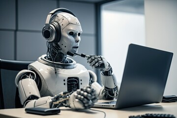 robot calling with laptop , ai generated